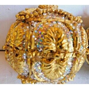 (2) Heavy Vintage 3 1/2" Sparkling Gold Glittered Christmas Ball Ornaments